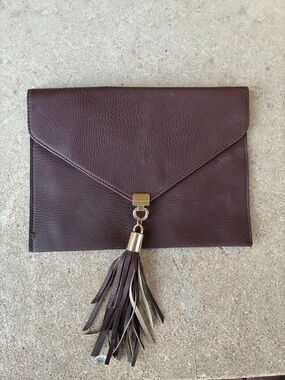 Big Buddha Brown Leather Envelope Clutch with Tassel